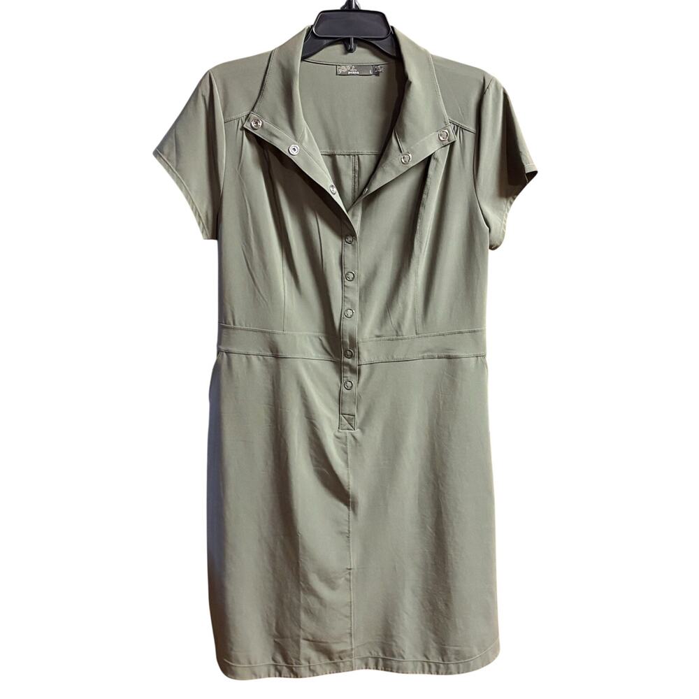 PrAna Dress Size L Army Green Womens Short Sleeve Green Snaps Collared & Slits